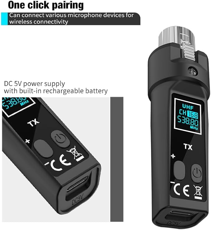 Upgrade 2.4GHZ Wireless XLR Transmitter and Receiver, Built-in Rechargeable Lithium Battery for Dynamic Microphone,Audio Mixer,Electric Guitar Bass (D 1 Receiver + 2 emitter)