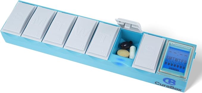 Weekly Medicine Pill Organizer with Alarm BPA Free 7-Day Travel Pill Dispenser with Auto-Learning Habit Sensor, Clear LCD, Rechargeable, Portable, Large Compartment for Vitamin, Supplements, Fish Oil