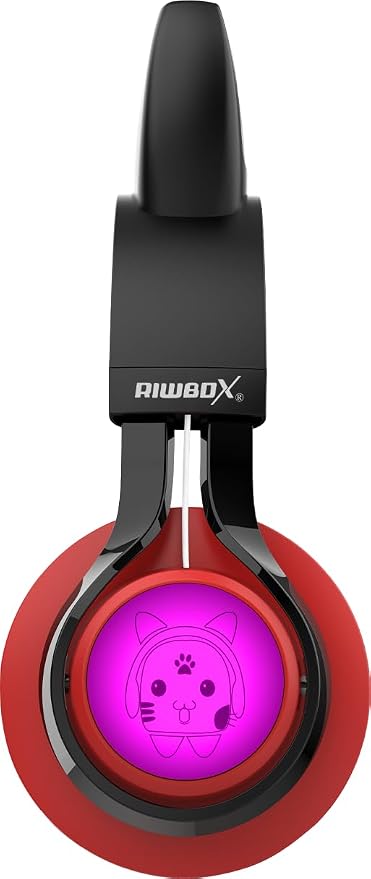 Riwbox CT-7 Cat Ear Bluetooth Headphones, LED Light Up Bluetooth Wireless Over Ear Headphones with Microphone and Volume Control for Travel/School/Smartphones/Laptop/PC/TV （Red&Black）
