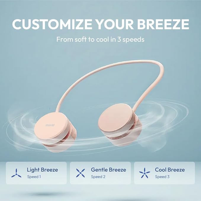 MAVI Portable Personal Neck Fan, Cooling Hands Free Bladeless Fan, Rechargeable Long Battery Life, 360 Airflow with 3 Speeds, Lightweight Collapsible Design, Low Noise with Strong Wind, Pink