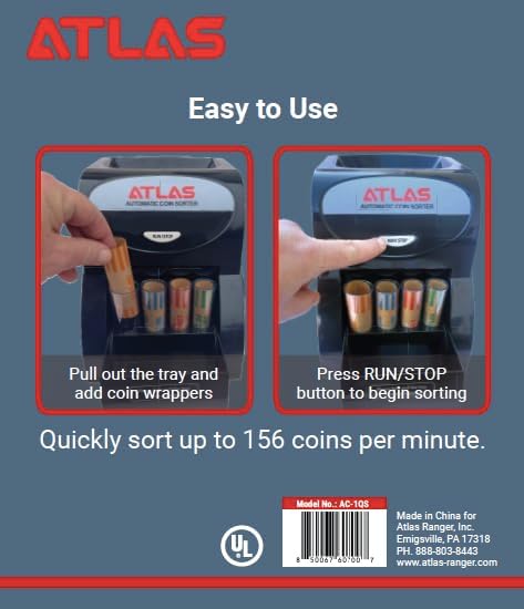 ATLAS Automatic Coin Sorter (AC-1QS), Accurately Sorts 156 Coins per Minute, 200 Coin Hopper with Starter Assortment of Quarter, Penny, Nickel, Dime Preformed Coin Wrappers. | Quickly sort up to 3 rolls of coins per minute