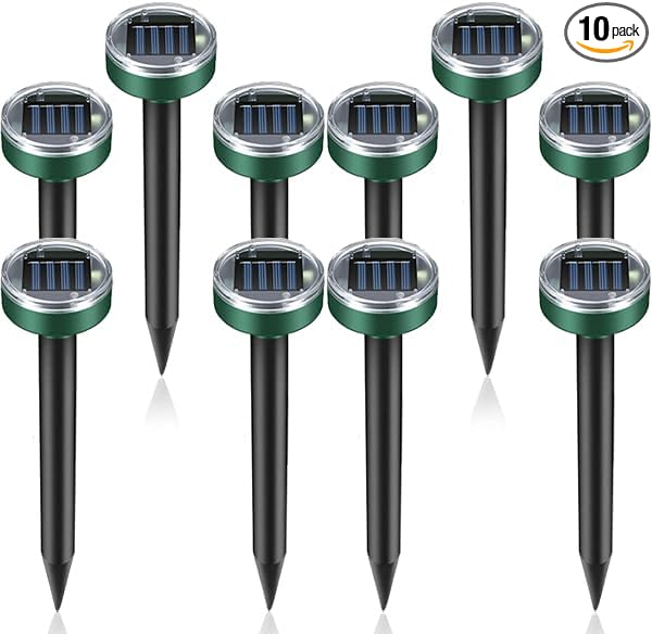 Solar Powered Mole Repellent 10 Pack, Effective Ultrasonic Gopher Repeller for Yard, IP44 Waterproof Sonic Vole & Snake Deterrent Spikes, Professional Groundhog Chaser for Lawns, All-Weather Use