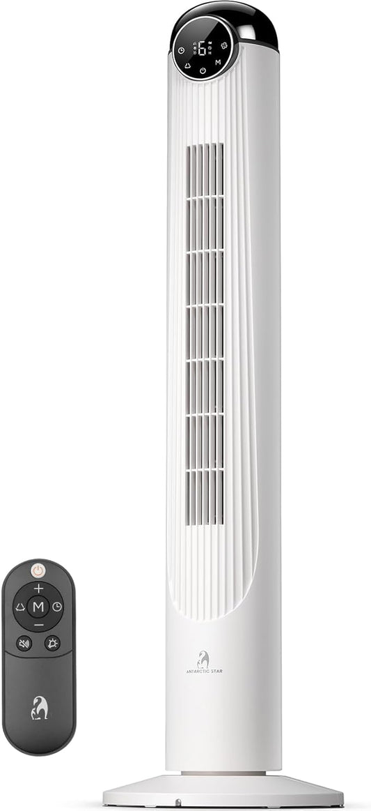 Antarctic Star T42 Tower Fan-42 Inch, Bladeless Oscillating Fan with Remote, 6 Speeds & 4 Modes, LED Display, 9H Timer, Quiet Floor Standing Fan for Bedroom Living Room Office, White