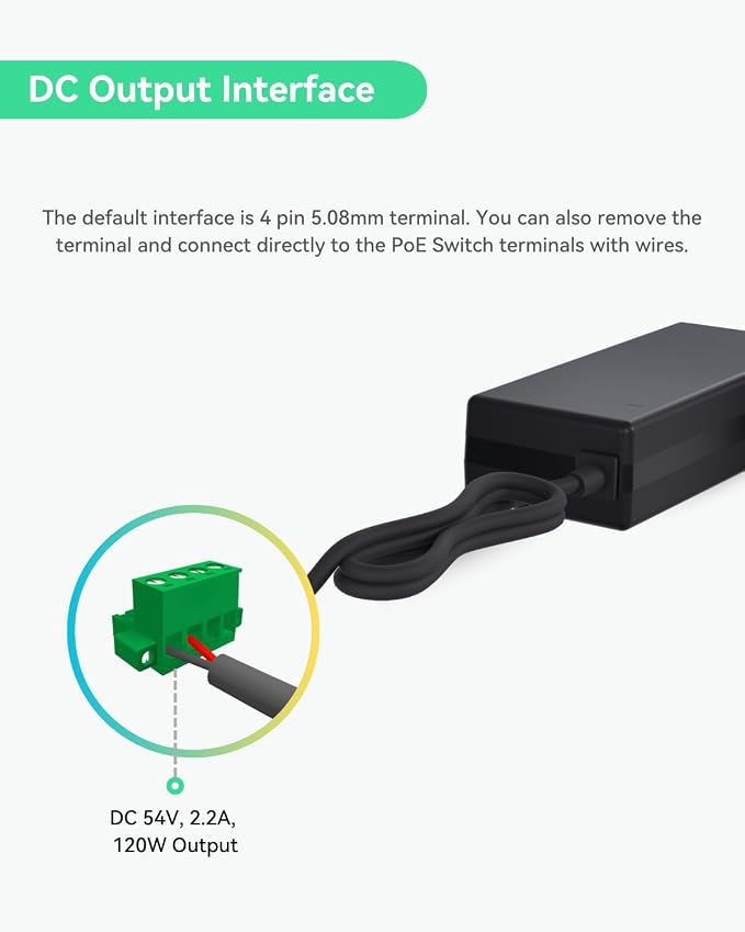 LINOVISION UL Listed DC 54V 2.2A Power Adapter, AC 100-240V to DC 54V 2.2A 120W Power Supply Adapter for PoE Switches and PoE NVRs