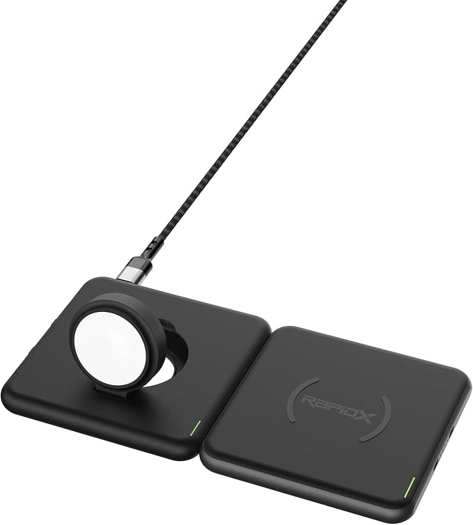 RapidX Modula5 Modular Wireless Charging System - 1 Phone Pod + 1 Watch Pod + 30W Adapter, Black (Model: RX-MP03PWA)