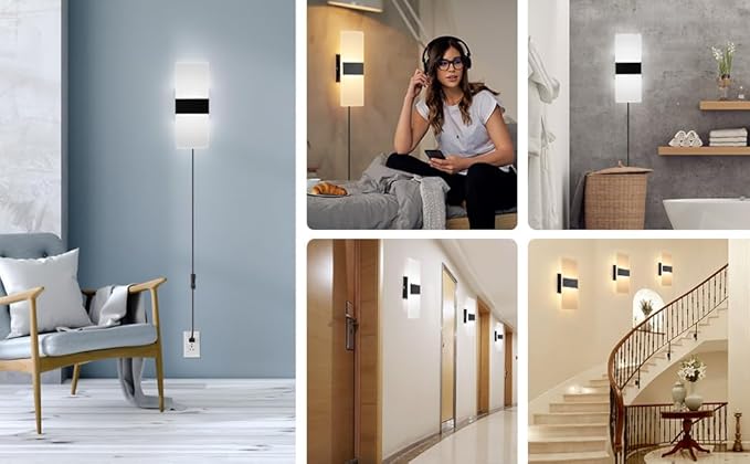 GOODATE Plug in Wall Sconce with Stepless Adjustable 3000K-6500K Colors and 10%-100% Brightness, 12W Acrylic LED Wall Light with Remote, Hardwire or Plug-in (1 Pack, Black)