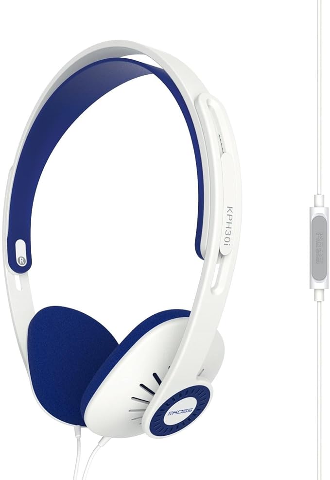 Koss KPH30iW Retro Style On-Ear Headphones, in-Line Microphone and Touch Remote Control, D-Profile Design, Wired with 3.5mm Plug, White and Blue