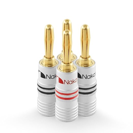 Nakamichi Excel Series 24k Gold Plated Banana Plugs 12 AWG - 18 AWG Gauge Size 4mm for Speakers Amplifier Hi-Fi AV Receiver Stereo Home Theatre Audio Wire Cable Screw Connector 4 Pcs (2-Pairs)