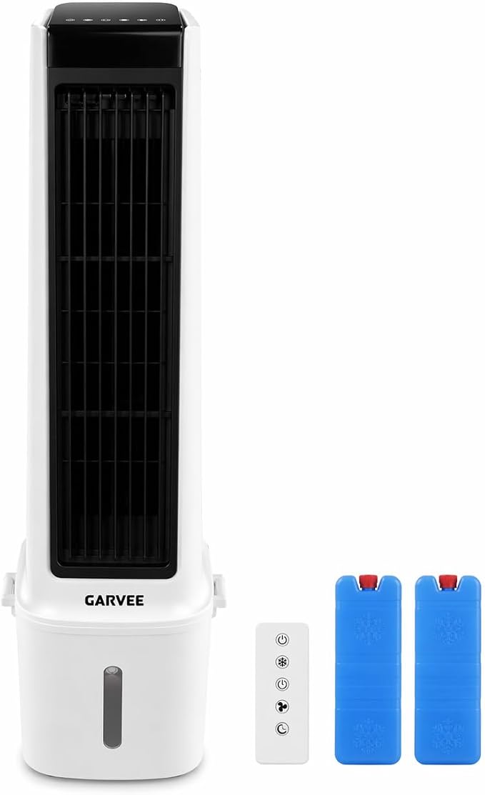 White and Black Portable Air Conditioner Fan, Evaporative Air Cooler with Remote Control, 3 Fan Speeds, 1600ml Water Tank, 2/4/8 Hour Timer, Adjustable Airflow, for Bedroom Office Desk
