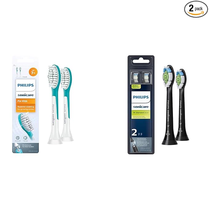 Philips Sonicare for Kids 7+ Genuine Replacement Toothbrush Heads, 2 Brush Heads, Turquoise and White, Standard, HX6042/94 & Genuine W DiamondClean Toothbrush Heads, 2 Brush Heads, Black, HX6062/95