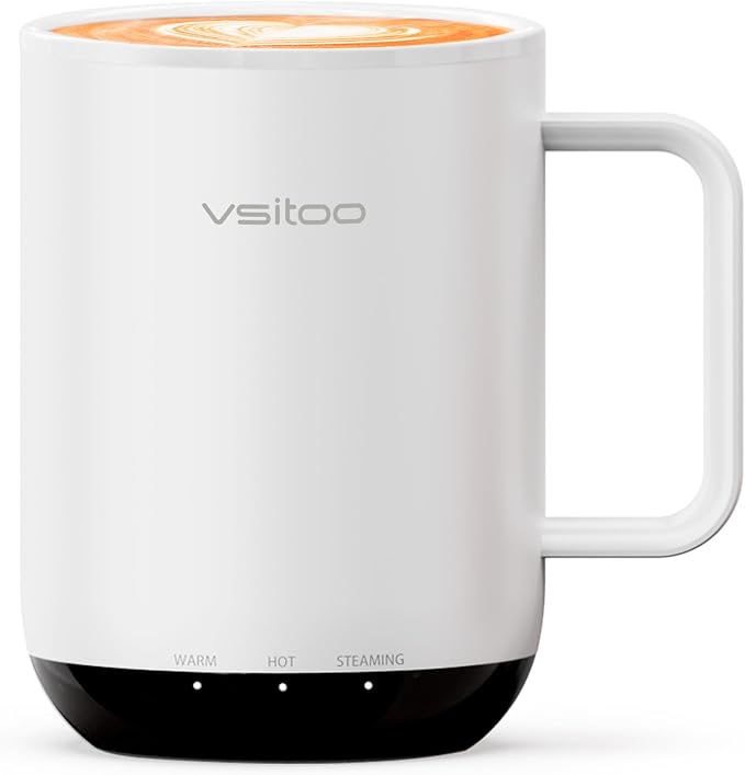 Vsitoo S3 Plus 14oz Self Heating Coffee Mug with Auto-Sensing AI - Smart Rechargeable Heated Mug, Temperature Control 120-150℉, IPX7 Waterproof, Coffee Warmer Gift for Women Men - White