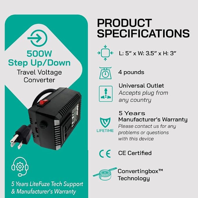 LiteFuze 500 Watt Step Up/Step Down Travel Voltage Converter, 220/110v to 110/220v converter with Type E/F Plug – Compatible with Hair Straightener, Camera, Laptop & More