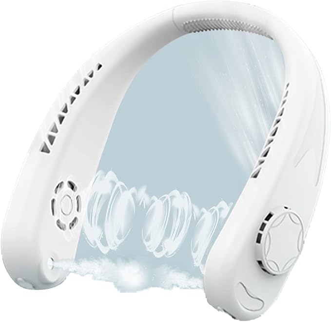 Misting Neck Fan Portable Rechargeable, Around the Neck Personal Fan for Women Men Face Blow Cold Air, Mini Bladeless Neck Cooling Fan Water Spray Travel Neck Cooler 3 Speeds - White