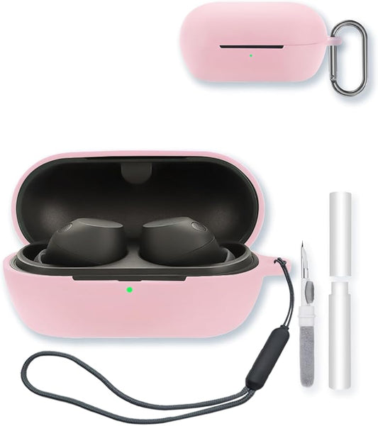 Silicone Case Compatible with Sony WF-C710N Truly Wireless Noise-Canceling Earbuds,Cleaning Kit and Lanyard Soft Protective Shockproof Cover for Sony WF-C710N-Pink