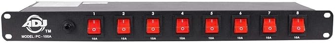 American DJ 8 channel AC power strip with 15 amp breaker and 8 on/off toggle switches. 19 inch rack mountable