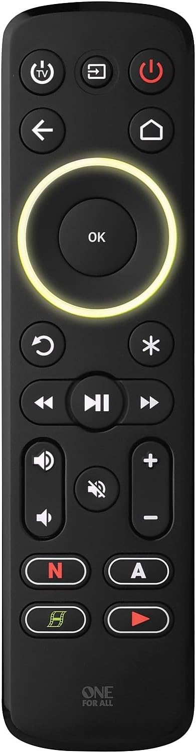 One For All Streamer Remote (New, in Retail Packaging) – Controls up to 3 Devices - (IR) - Control Your Streamer Box, TV and Sound bar – Learning Feature - Backlit Keys - Black – URC7935
