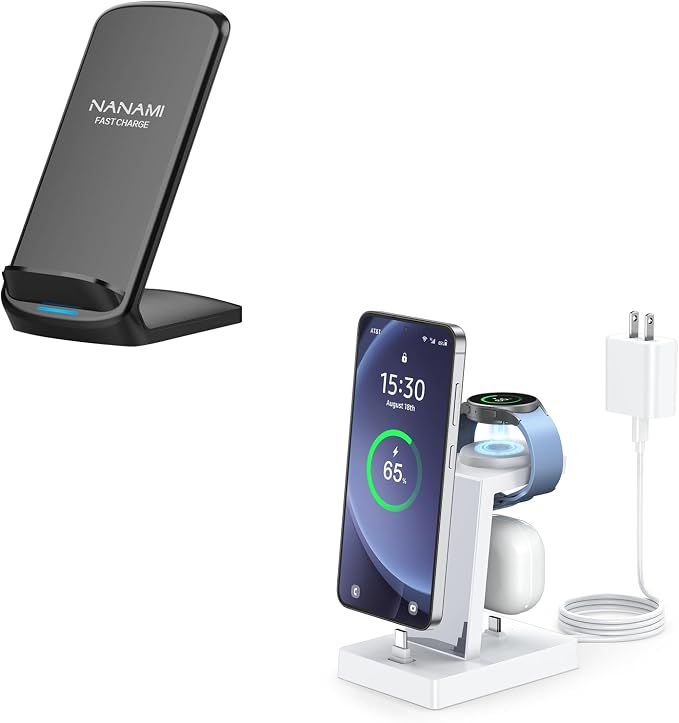 NANAMI Fast Charger for Samsung Galaxy Watch 6/5/4/3, Stand for Galaxy S24/S24+/S24 Ultra/S23/S22/S21/S20, Buds Pro, Wireless Charging Stand for iPhone 16/15/15 Pro/15 Plus/15 Pro Max/14/14 Pro/13/12