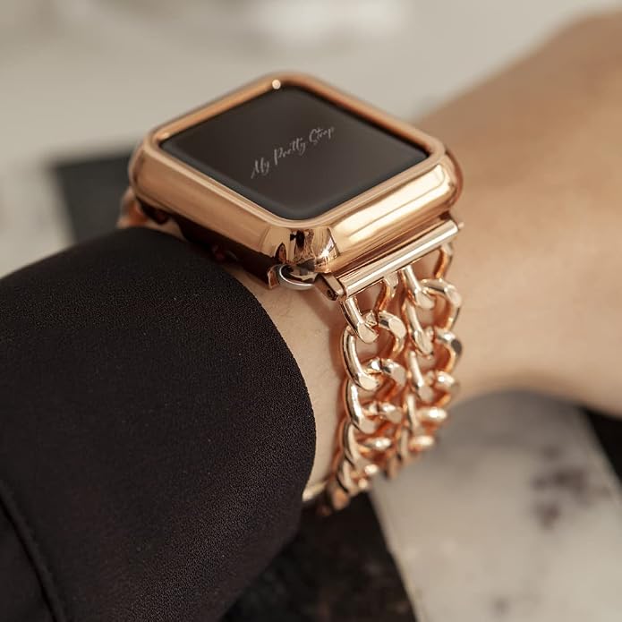 My Pretty Strap - Compatible Apple Watch Band Strap, Stainless Steel Fashion iWatch Replacement Strap- Easy Resizing, No Tool Needed, Fits Most Wrists- Compatible with Series 1-11, SE and Ultra