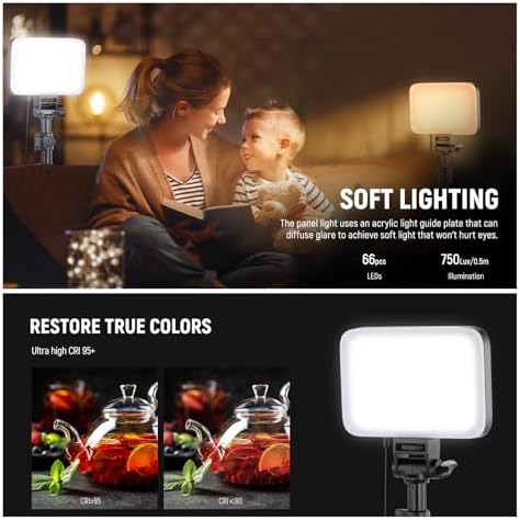 NEEWER Basics BP66 2 Pack LED Video Light Panel Lighting Kit + KM20 Wireless Lavalier Microphone System for iPhone Android Phone Computer Tablet, White