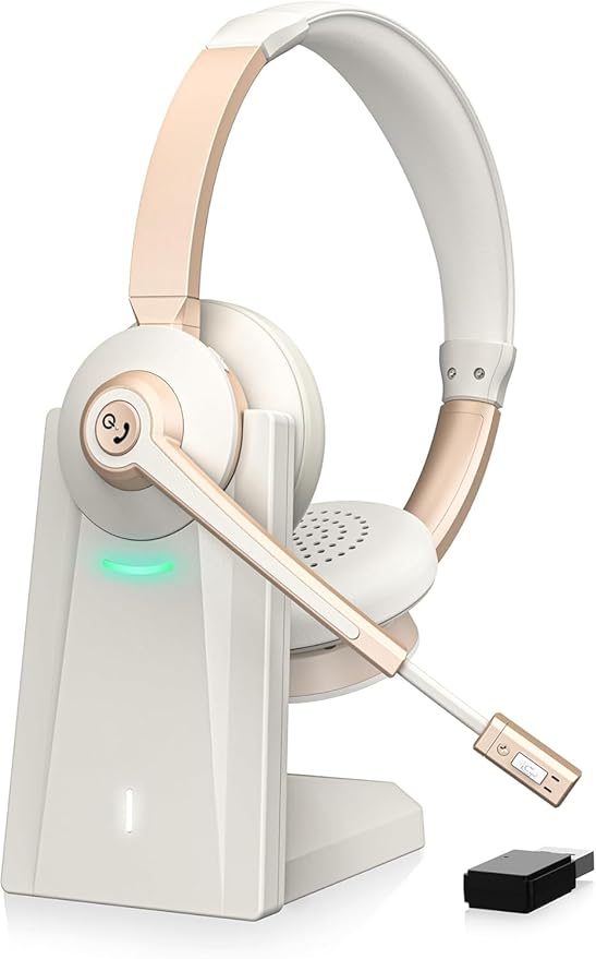Wireless Headset, Bluetooth Headset with Microphone AI Noise Canceling & USB Dongle, On-Ear Wireless Headphones with Mic Mute & Charge Dock for Work Computer Phone Office Call Meeting