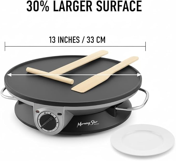 Morning Star 13" Electric Crepe Maker, Nonstick Pancake Griddle, Adjustable Temperature Control with LED Indicator Lights, Includes Spatula & Batter Spreader, Quick Cleanup, Stainless Steel