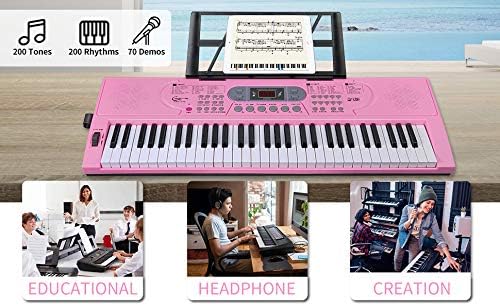 Keyboard Piano Lighted Keys for Beginner Adults Teens Kids, 61 Key Electronic Music Keyboard with Teaching Modes Powered by USB or Battery with LCD Display Microphone Headphone Jack