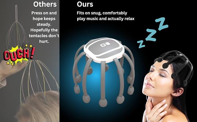 Azpen Electric Scalp Massager with Bluetooth Music, Cordless Portable Head Massager, 14 Massage Nodes, 5 Modes, 360° Scalp Relaxation and Stress Relief Device