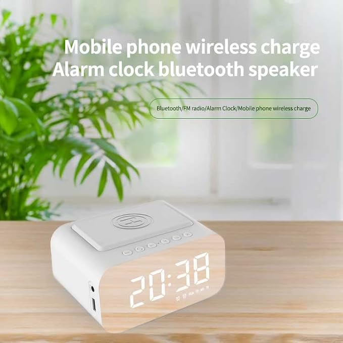 Wireless Charging Clock Radio with 15W Fast Charging, Bluetooth 5.1 Speaker, Dual 5W Stereo Sound, LED Display, AUX-in, and Payment Notification for Home & Office, BT510 Black