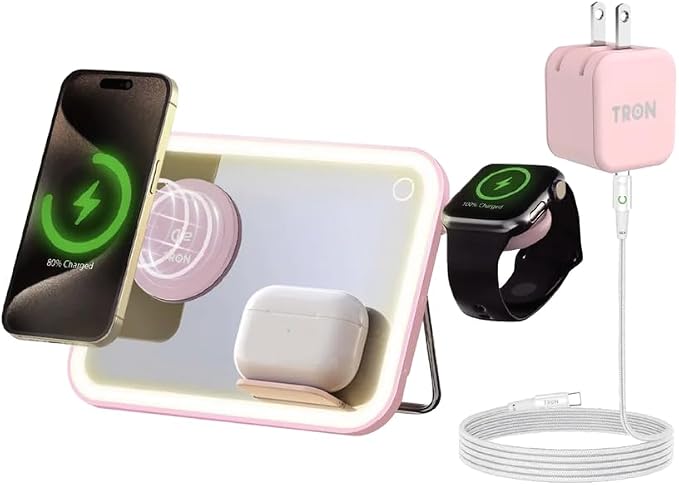 Tron 3 in 1 Qi Wireless Charger Mirror, Pink, Include led 6 ft Led Cable and 25w Power Adapter. Pink Color