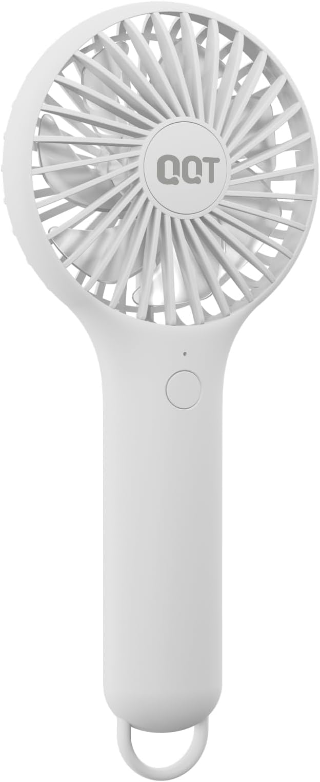 QQT Mini Handheld Fan, Small Personal Cooler with 3 Speeds, Portable Battery Operated, USB Rechargeable Makeup Eyelash Dryer, Strong Airflow for Travel, Office, Outdoor, Women, Men, and Kids(White)