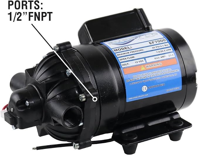 Everflo EF7000-BOX 7.0 GPM 12V Diaphragm Pump-1/2 FNPT Ports, Black