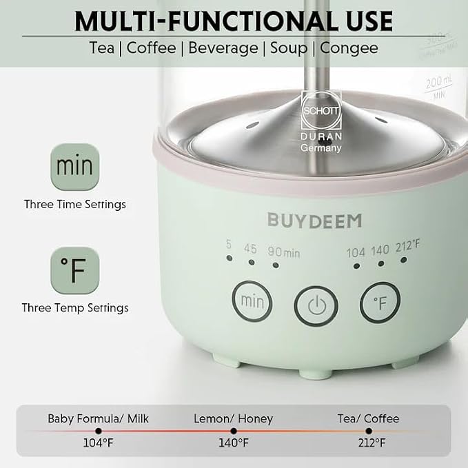 BUYDEEM K313 Travel Electric Kettle, Mini Healthy-Care Beverage Kettle, Tea Maker with Heat Resistant DURAN® Glass & Durable Pro 18/10 Pro Stainless Steel, 0.6L, Cozy Greenish