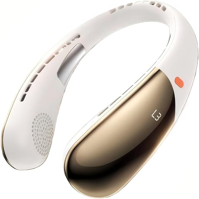 AICE Ultra Neck Fan, Portable Cooling Fan with LED Display, 6-Speed, 3000mAh Battery, White & Champagne Gold