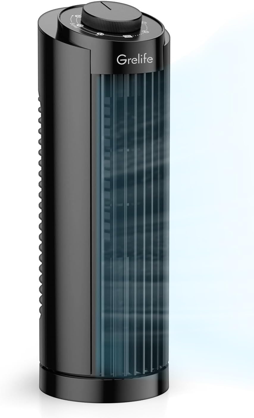 Grelife 13" Electronic Tower Fan with Remote Control, 3 Speed & 3 Modes, 90° Oscillation, LED Display, 7.5H Timer, Quiet Bladeless Cooling – Portable Space-Saving for Bedroom Office, Home