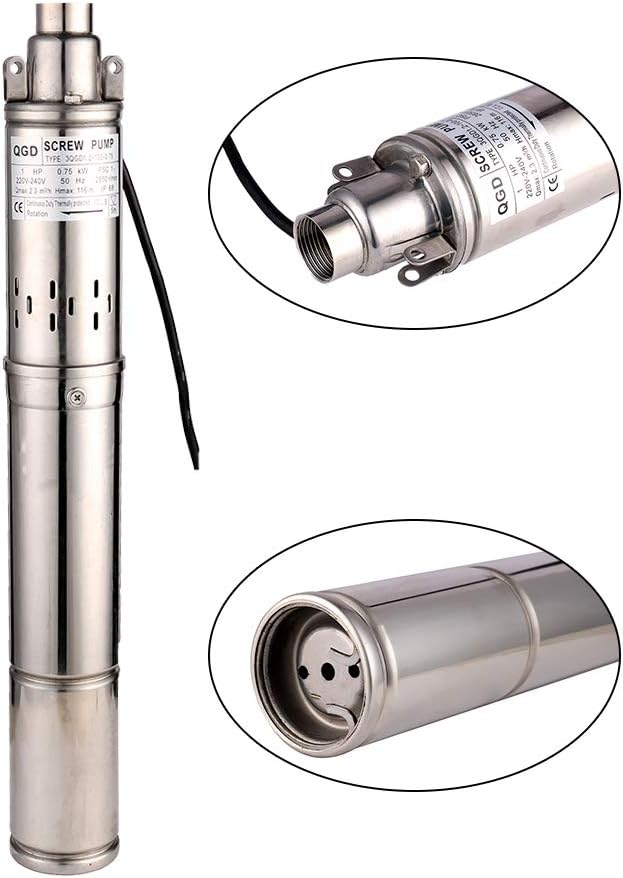1HP 3" OD Pipe Stainless Steel Submersible Deep Well Pump 328FT 1" Outlet 0.75KW 80mm Bore Screw Water Pumps for Industrial and Home Garden Use,220V/50Hz