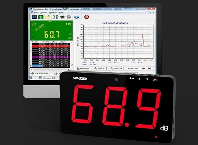 SW-525B Sound Level Meter Tester 30-130db,9.6in Screen LCD Display Wall Hanging Type Decibel Noise Measuring with Alarm (Sound Level Meter with Data Logger)