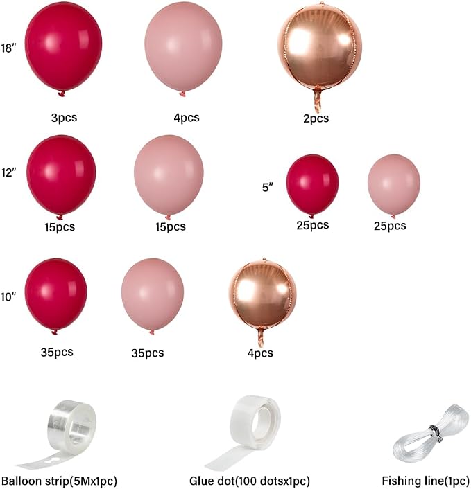 Restaurantware-Balloonify Balloon Garland Set, 1 Party Decoration Kit - 163 Balloons, With Chain, Pink And Rose Latex Balloon Arch Kit, Includes Glue Dots And Fishing Line