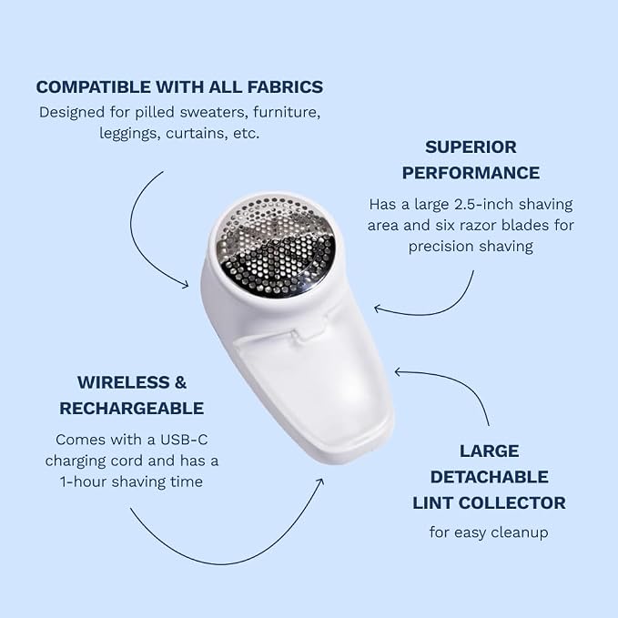 Nori Trim Fabric Shaver - Lint Remover for Clothes & Furniture Couch Pilling - Sweater Pill Remover - Clothes Shaver with 6 Precision Blades - Wireless and Rechargeable - White