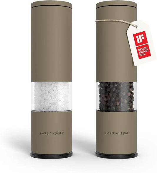 LARS NYSØM Salt and Pepper Grinder Set Manual, Stainless Steel Salt and Pepper Mills with Adjustable Ceramic Grinder I Design Spice Shakers (Taupe Brown)