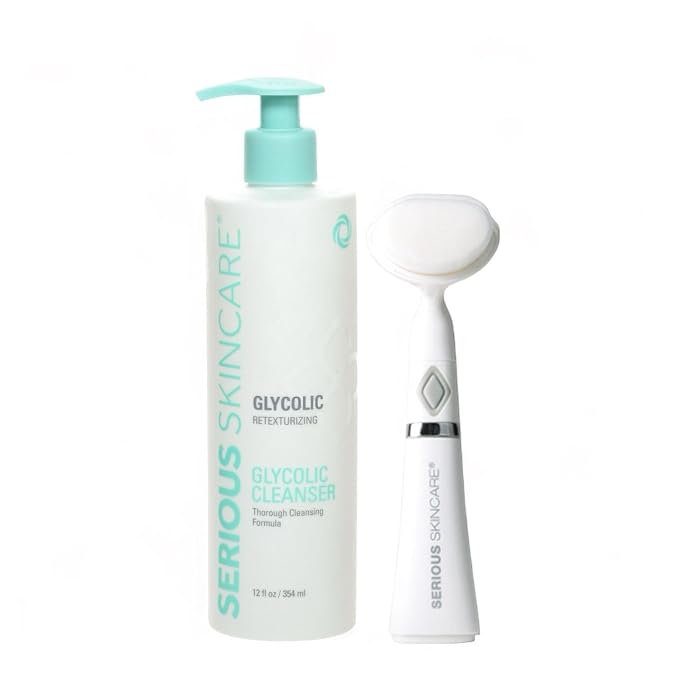 Serious Skincare Glycolic Cleanser, Skin Exfoliating AHA Face Wash + Ultrasonic Facial Brush Tool, 10% Glycolic Acid, Congested Pore Purifying, Removes Makeup, Oil, Blackheads & Impurities 12 oz