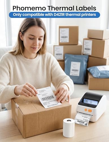 Phomemo D421R Bluetooth Thermal Label Printer with Screen for Paper Level Display - RFID Auto Size Detection 4x6 Thermal Printer with Segmented Code Screen with 250 Labels