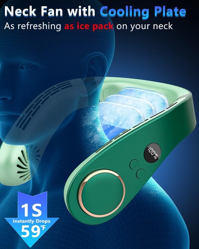 Neck Fan Air Conditioner,Neck Fans that Blow Cold Air,[3-19.5 Hours] Long Battery Life Neck Coolers for Extremely Hot Weather Flashes,Fanless Handsfree Hangs Fan Around Neck Headband Devices Green