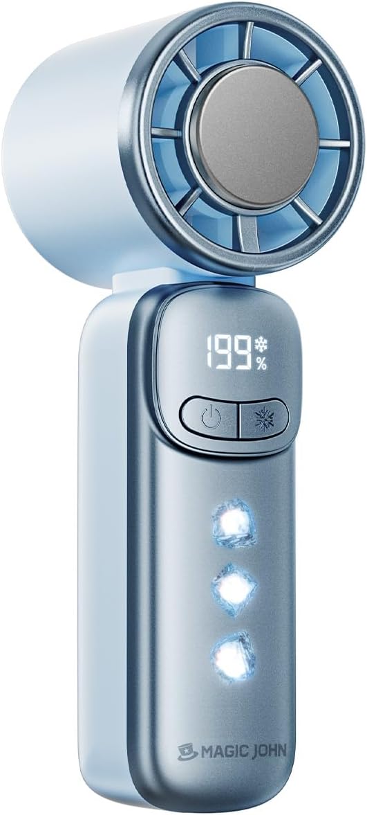 MAGIC JOHN Portable Handheld Turbo Fan with Ice Cooling, Rechargeable Personal Fan, 199 Speed Powerful Portable Fan for Travel, Outdoor, Camping, Hiking, Blue