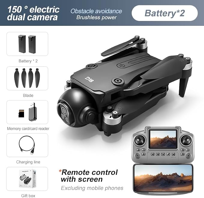 Drone with Dual 2K HD Camera for Adults&Beginner, WiFi FPV Drone,LCD Screen RC,Gesture Selfie&Waypoint Flight,150 Tilt Camera,One-Key Takeoff/Landing,45Min Flight,2 Batteries,Gift for Men