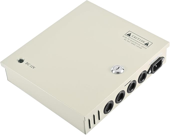 CCTV Power Supply Box 9 Channel 12V 10A, Lockable Metal Power Distribution with Resettable Fuse for Security Cameras DVRs
