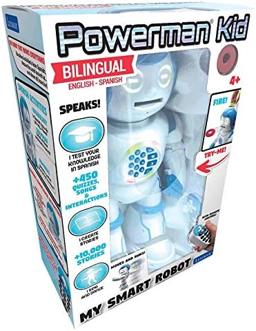 LEXiBOOK Powerman Kid - Educational and Bilingual English/Spanish Robot - Walking Talking Dancing Singing Toy - STEM Programmable Telling Creating Stories - Quizzes Shooting Discs for Kids - ROB90US