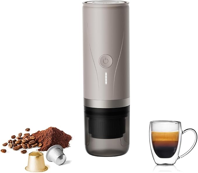 CERA+ PCM03 Portable Espresso Maker,Self-Heating Electric Mini Coffee Machine, 20-Bar Pressure,Compatible with NS Capsules & Fine Grind,Coffee Maker for Outdoor Camping,Hiking,RV & Car, travel (Cream)