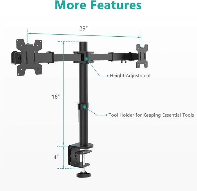 WALI Dual Monitor Stand for Desk, Dual Monitor Mounts for 2 Monitors up to 27 inch, 2 Monitor Desk Mount Holds up to 22 lbs, Height Adjustable Swivel Tilt Rotation, 75x75/100x100mm (M002), Black