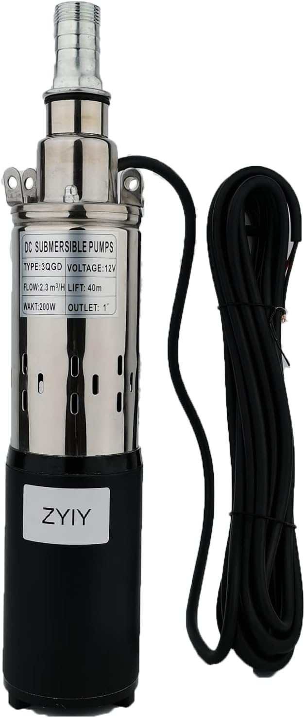 12V Deep Well Submersible Pump 200W DC Solar Power 3" Bore Stainless Steel Submersible Deep Well Pump High Lift 131ft Pressure Well Water Pumps for Home,Industrial,Irrigation Use,1" Outlet