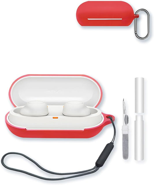 Case for Sony WF-C500 Truly Wireless Noise Canceling Earbud Headphones,Soft Protective,BOVUGAC Silicone Case Cover with Keychain & Cleaning Kit & Lanyard for WF-C500 Earbuds-Red